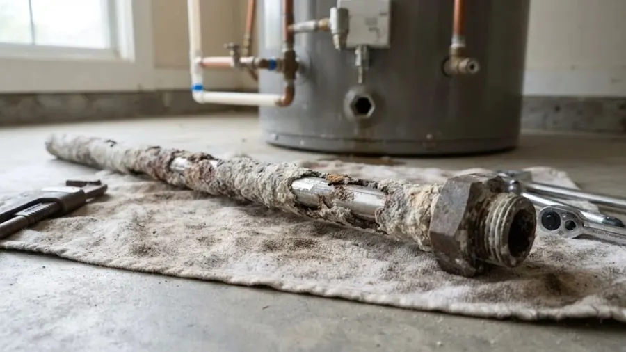 Corroded water heater anode rod lying on the floor beside a tank