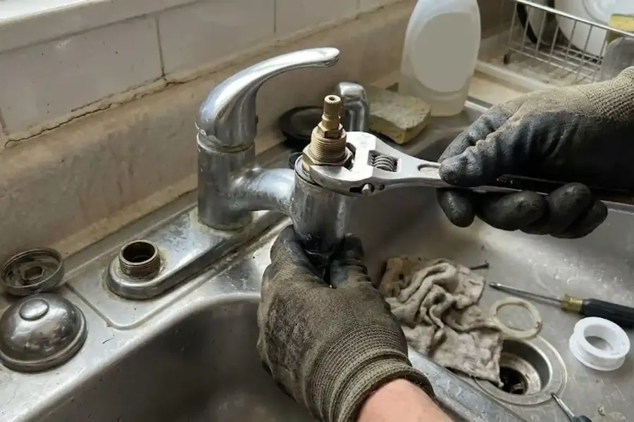 Gloved hand using a wrench on a two-handle bathroom faucet