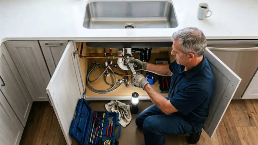 Plumber working under a sink with an open tool kit beside him