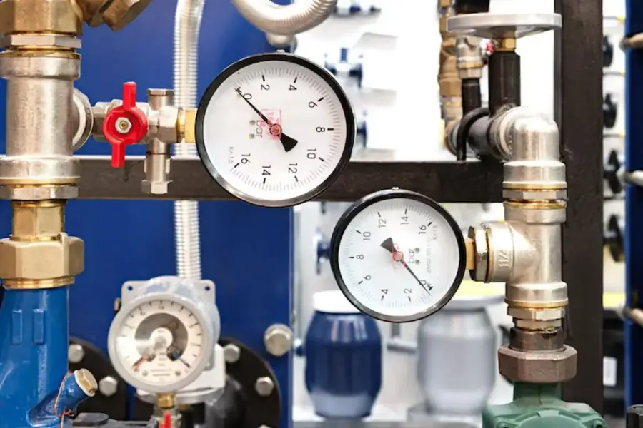 Boiler pressure gauges and shutoff valves on hydronic heating pipes