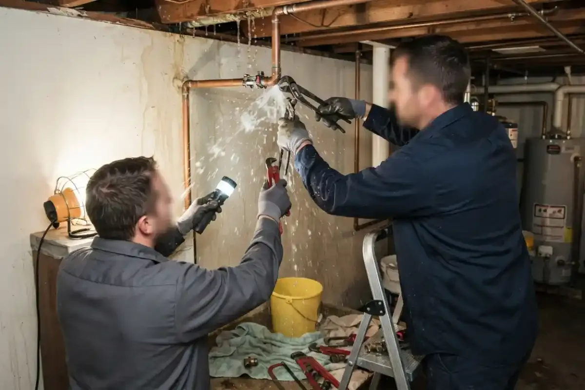Two plumbers repairing a burst pipe in a basement while a bucket catches water