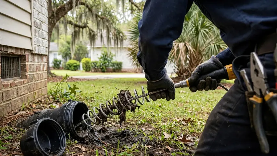 Plumber in a yard feeding a drain cable into an outdoor drain line
