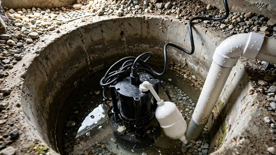 Sump pump with a float switch sitting in a basement pit
