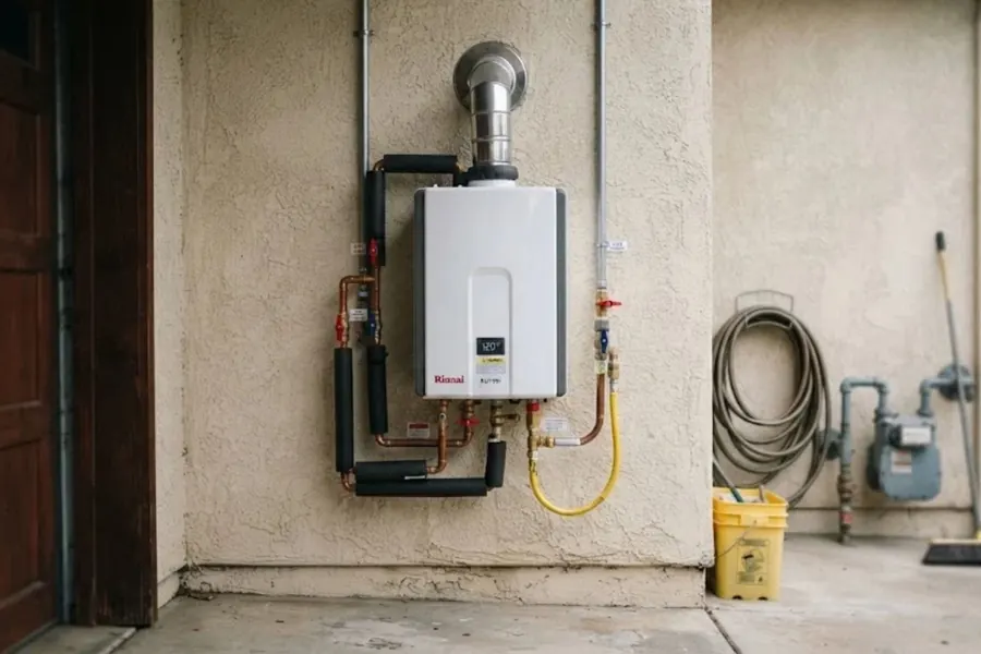 Wall-mounted tankless water heater with a yellow gas line and venting on an exterior wall