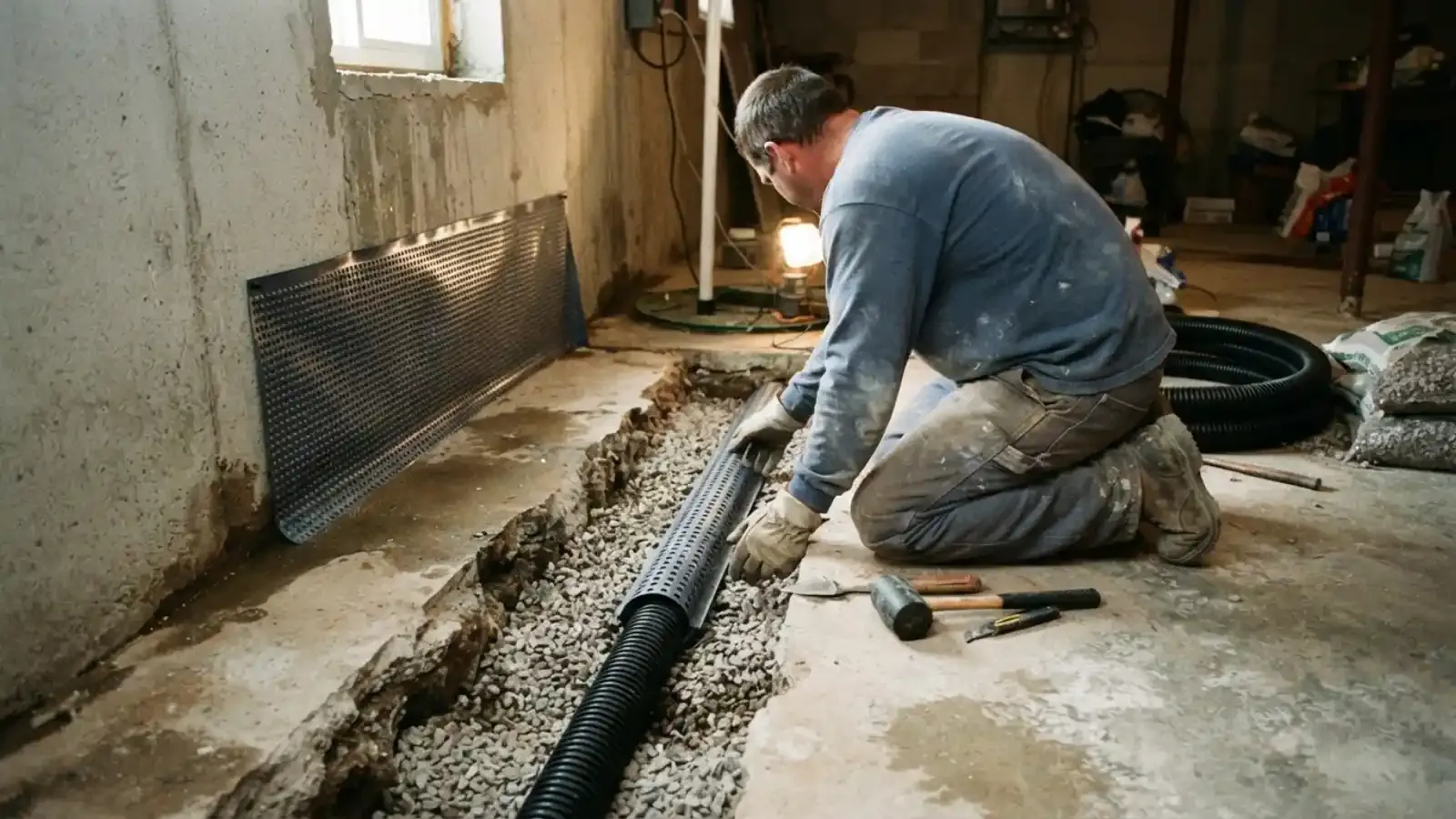 Worker installing a perimeter drain along a basement wall for waterproofing