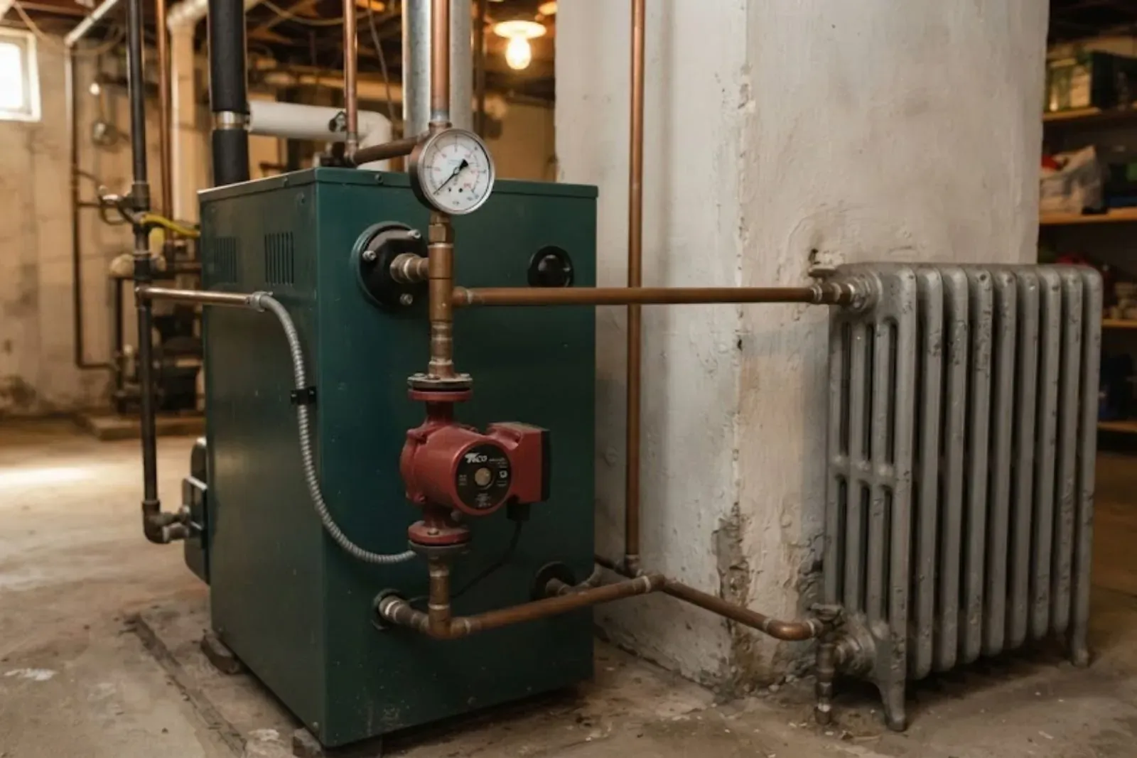 Cast iron boiler with a circulator pump and an old radiator in a basement