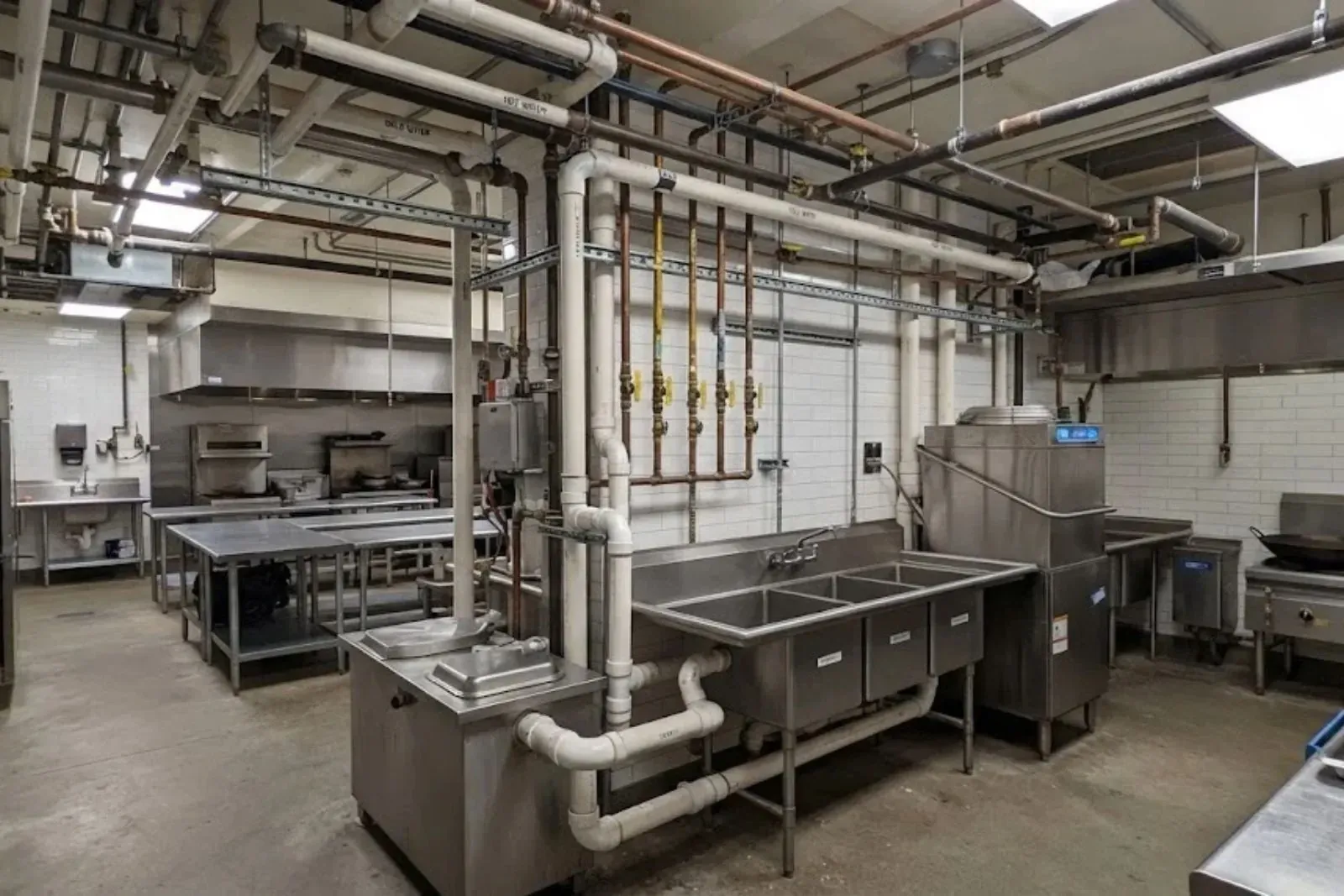 Commercial kitchen with prep sinks, floor drains and exposed plumbing lines