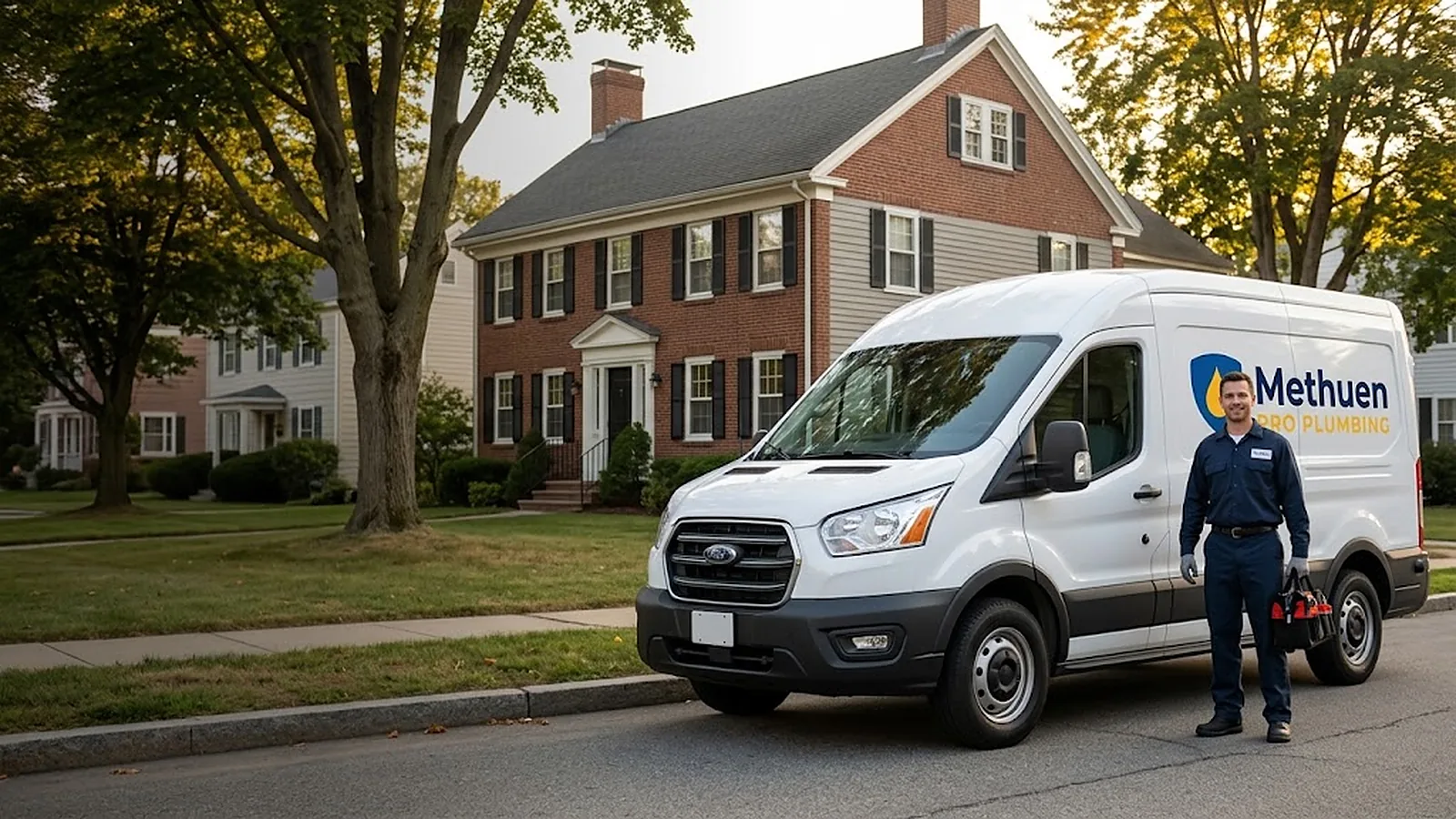 White Methuen Pro Plumbing service van parked at the curb beside a brick colonial house, with a plumber in a navy uniform holding a tool bag