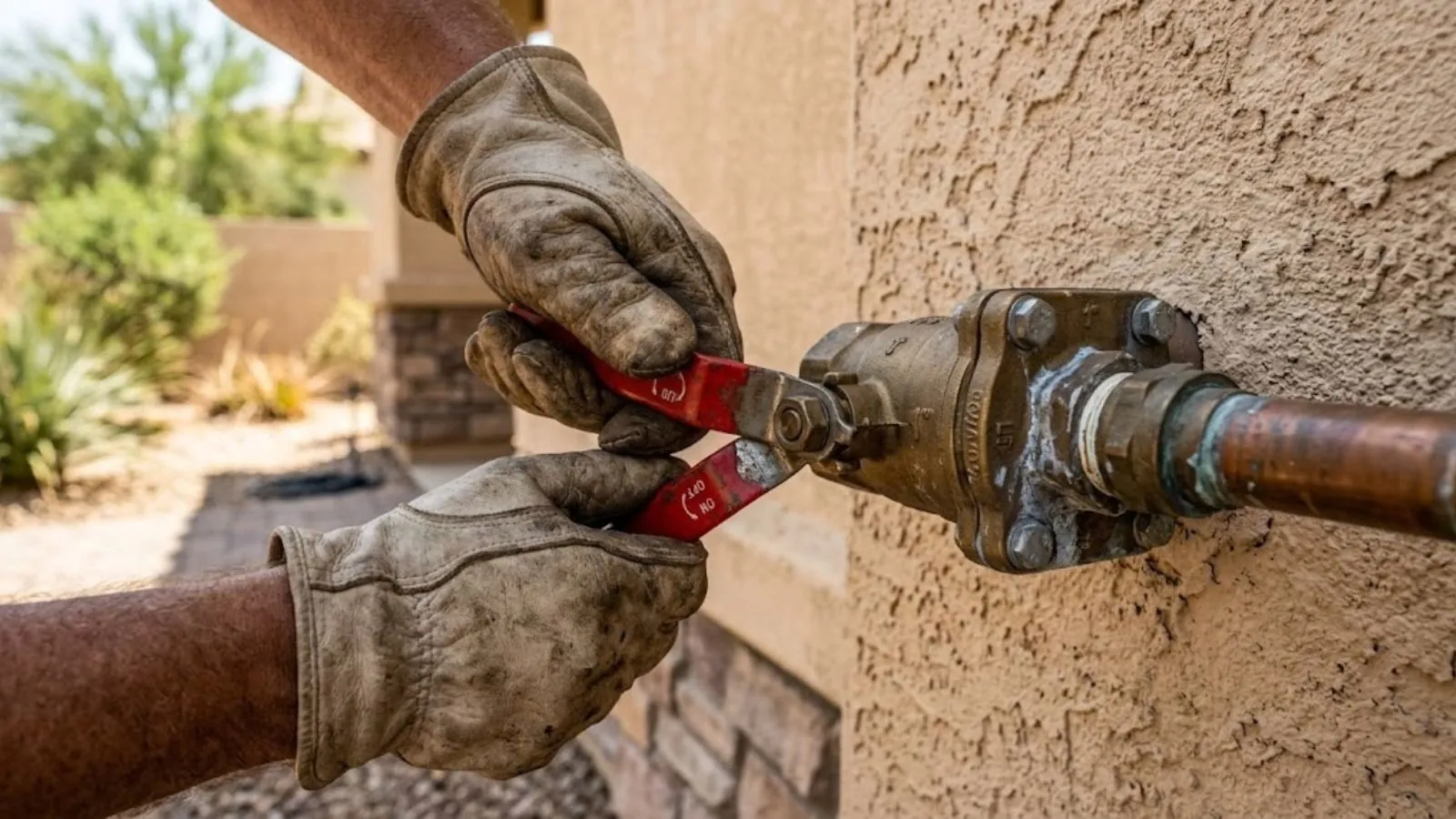 Gloved hands working a pipe valve while waiting for a plumber to arrive