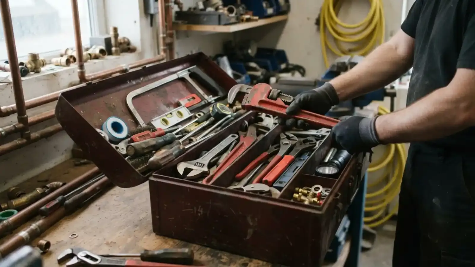 Plumber opening a metal toolbox full of wrenches and fittings