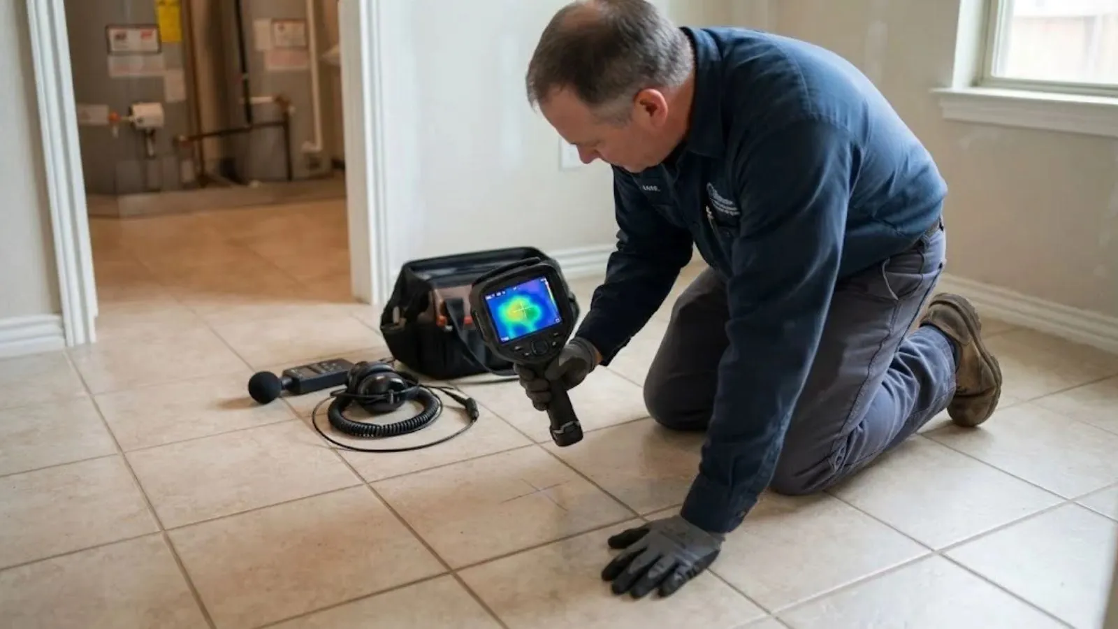 Plumber kneeling on a tile floor with a thermal camera and listening equipment to trace a hidden leak