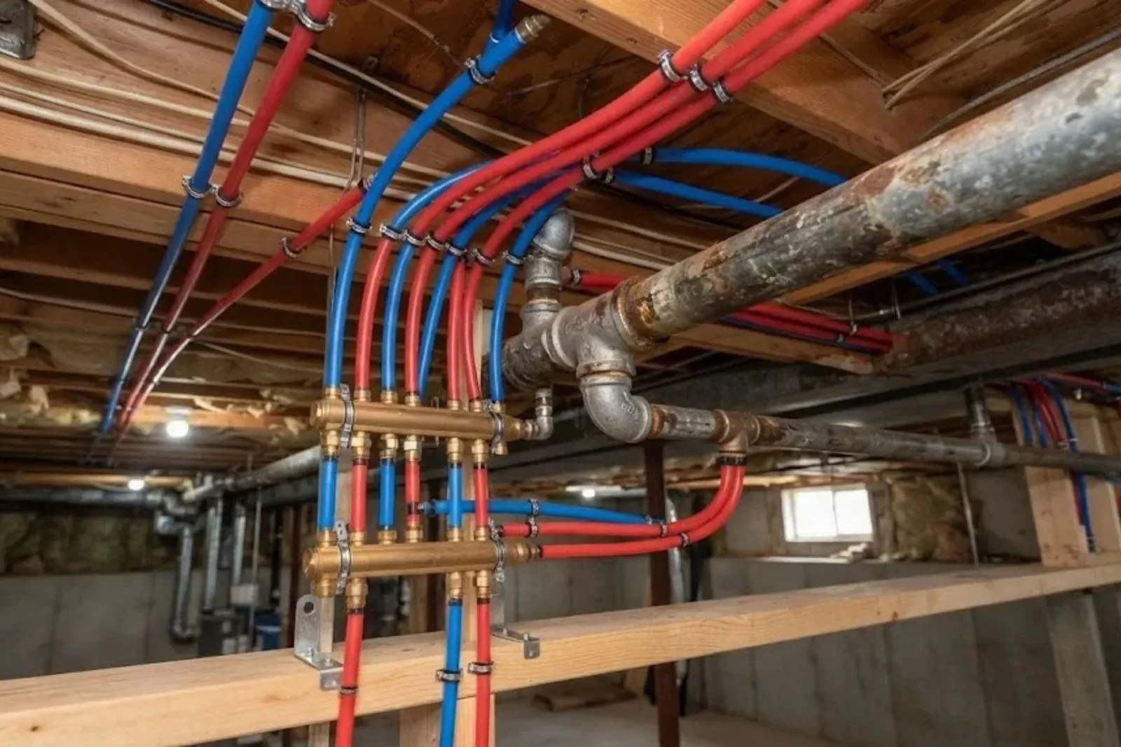 Basement with new red and blue PEX lines on a manifold beside old iron supply pipe