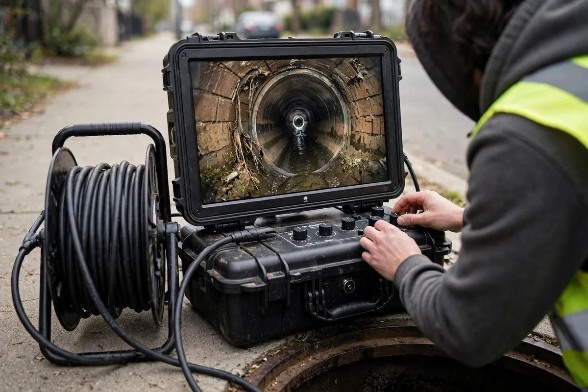 Sewer camera monitor and cable reel set up at an access point for a drain line inspection