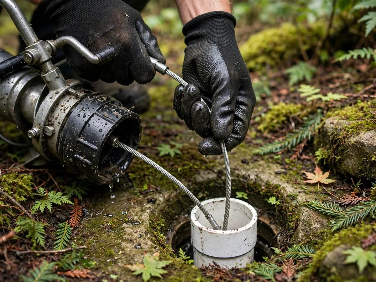 Plumber in black gloves feeding a drain cable into a yard sewer cleanout