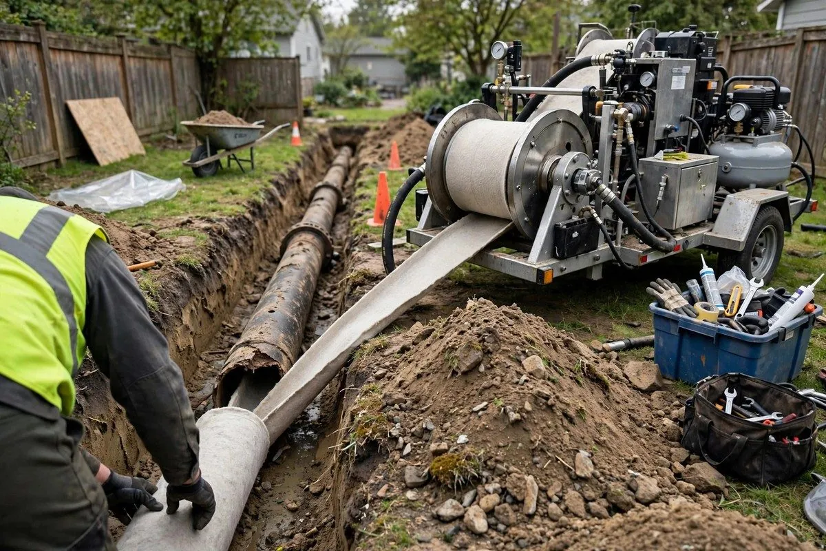 Crew working in an open trench to repair a buried sewer line behind a house