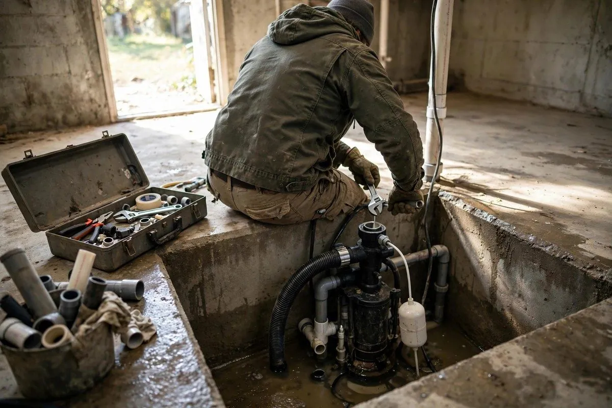 Technician with a toolbox repairing a sump pump in a basement pit