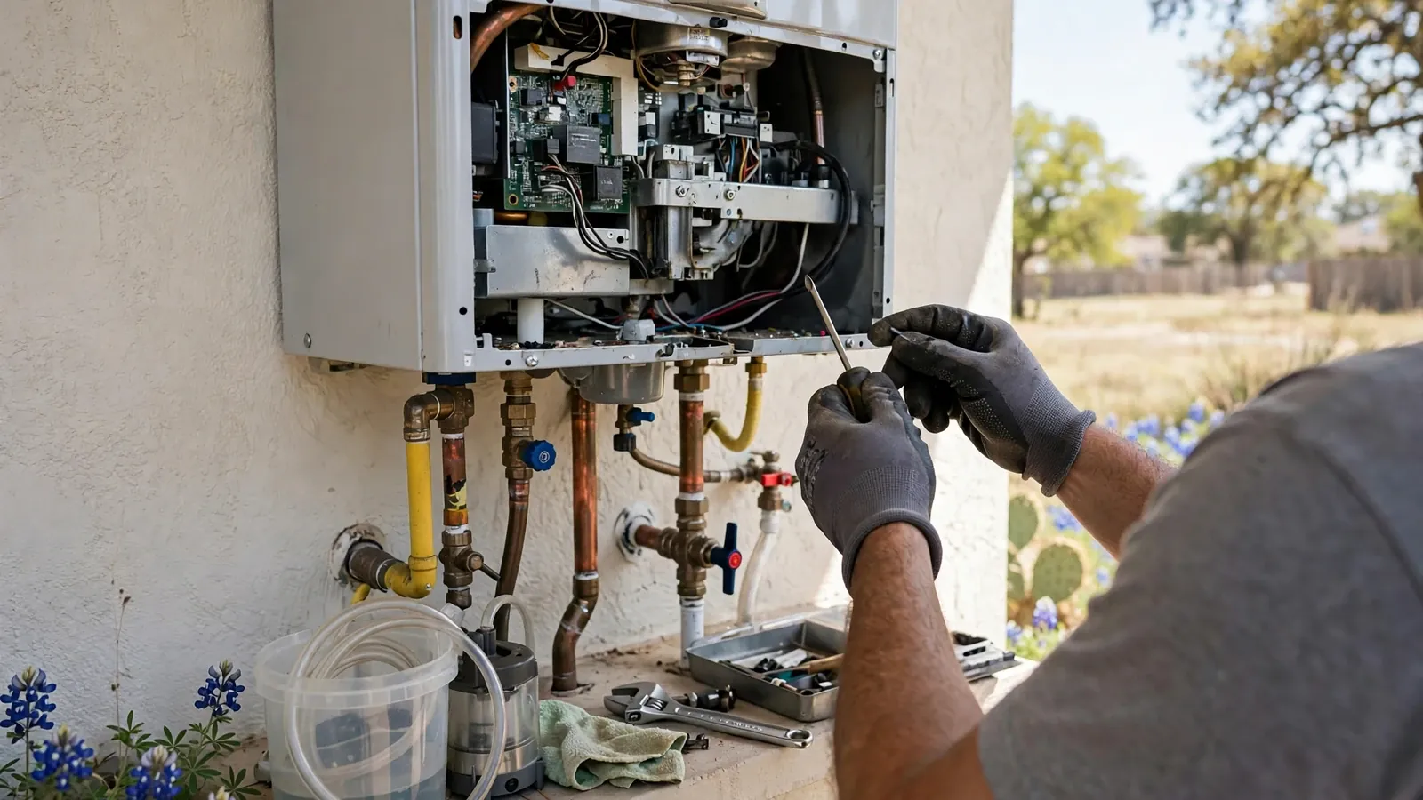Technician servicing the open panel of a wall-mounted tankless water heater