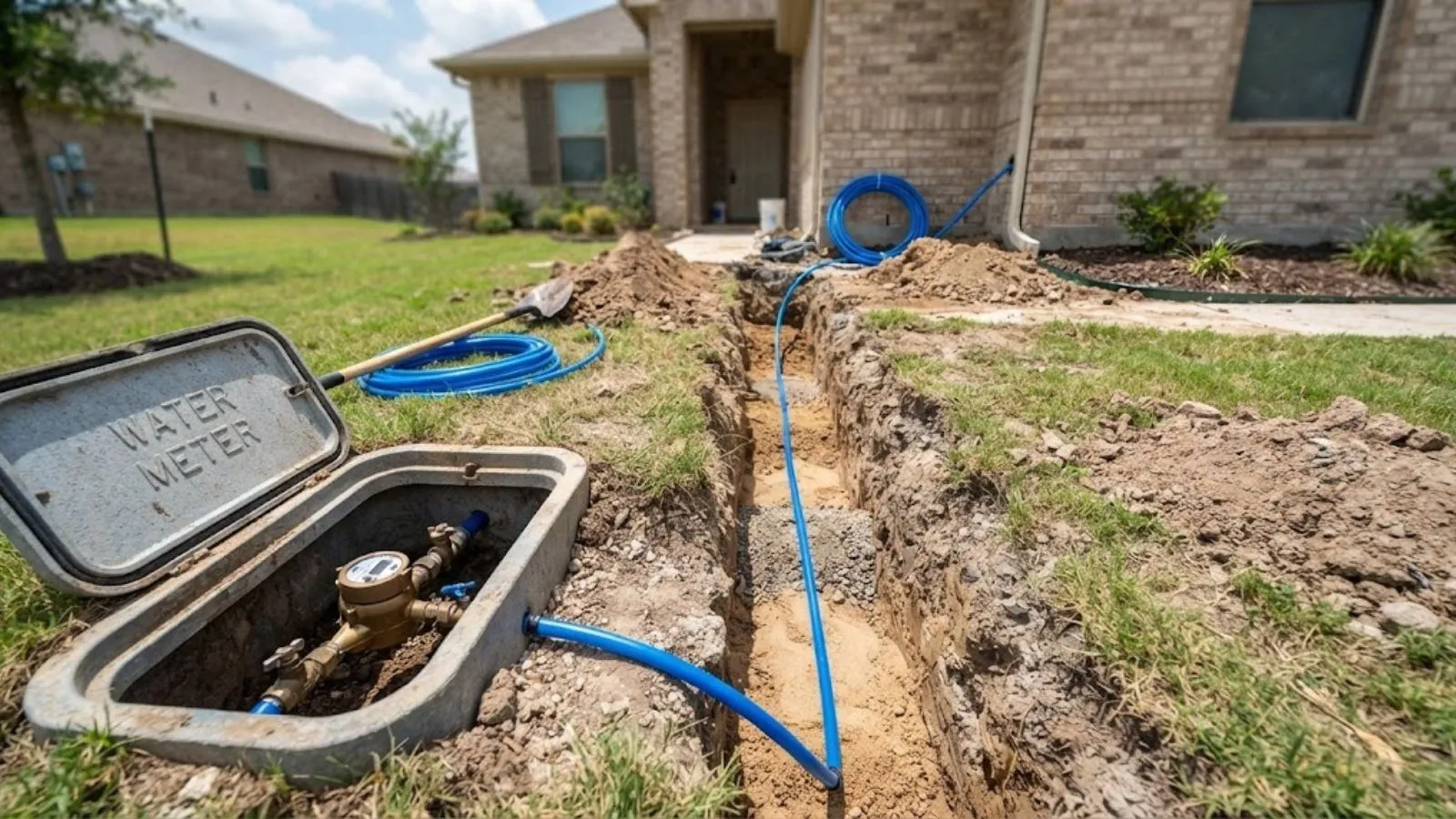 Trench with a new blue water service line running to a meter box in a front yard